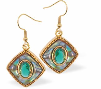 PA41 - Paua Shell Oblique with Stone Drop Earrings, Rhodium Plated, Golden Framed