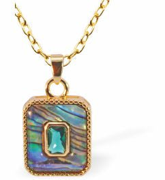 PA42 - Paua Shell Rectangle with Stone Necklace, Rhodium Plated, Golden Framed/Chain