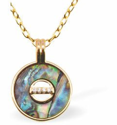 PA52 - Paua Shell Round Necklace, Rhodium Plated, Golden Framed/Chain