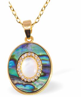 PA59 - Paua Shell Oval with Mother of Pearl Necklace, Rhodium Plated, Golden Framed/Chain