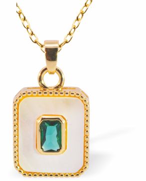 Iridescent Rectangle Pendant with Green Crystal, Golden Framed