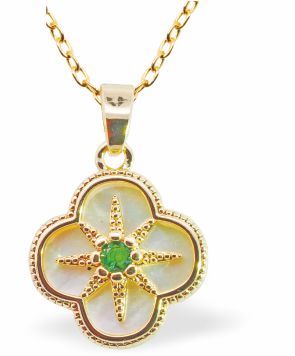 Iridescent Daisy Pendant with Green Crystal, Golden Framed - 21mm in size | Byzantium Collection