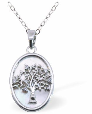 Iridescent Oval Pendant with Tree of Life Centre, Silver Coloured