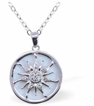 Iridescent Circular Pendant with Sun Embellishment, Silver Coloured - 24mm in size | Byzantium Collection