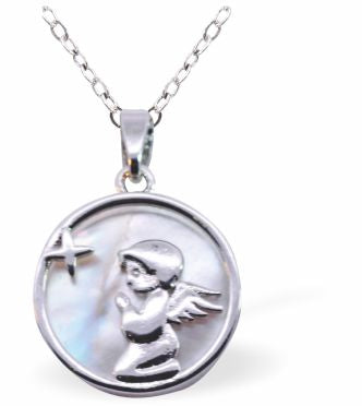 Iridescent Circular Pendant with Angel in Prayer Embellishment, Silver Coloured - 20mm in size | Byzantium Collection