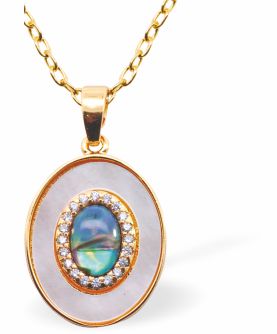 Iridescent Oval Pendant with Paua Shell Centre, Golden Framed - 23mm in size | Byzantium Collection