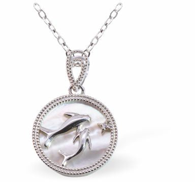 Iridescent Circular Pendant with Playing Dolphins, Silver Coloured - 25mm in size | Byzantium Collection