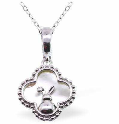 Iridescent Clover Pendant with Cute Bunny, Silver Coloured - 26mm in size | Byzantium Collection