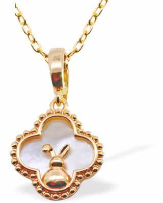 Iridescent Clover Pendant with Cute Bunny, Golden Framed - 26mm in size | Byzantium Collection