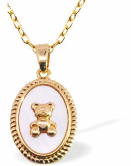 Iridescent Oval Pendant with Teddy Bear, Golden Framed - 23mm in size | Byzantium Collection