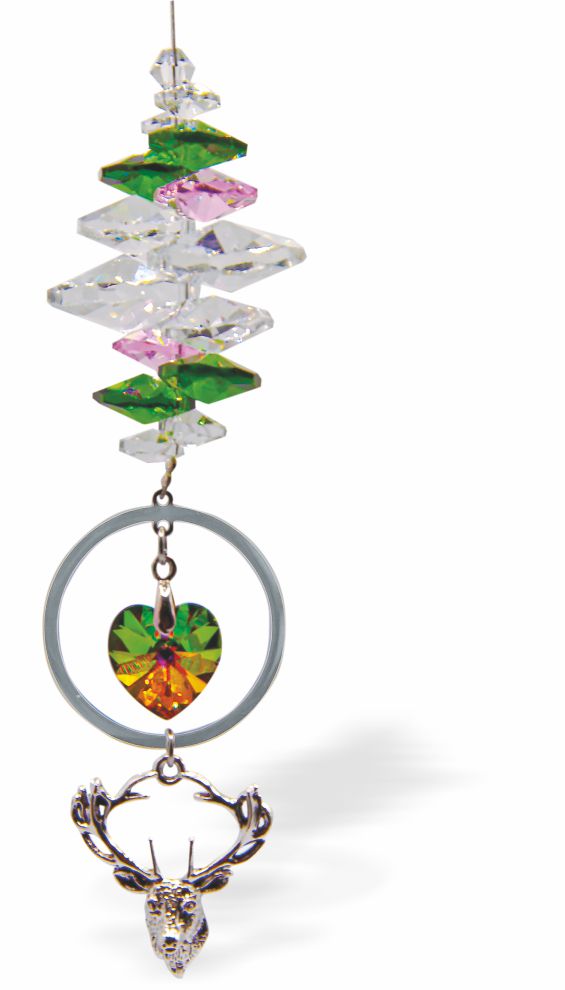 Austrian Crystal Suncatcher, Multi -faceted
Framed Heart and Stag Drop
Green, pink and clear crystals
Delivered in a soft, black, velveteen pouch