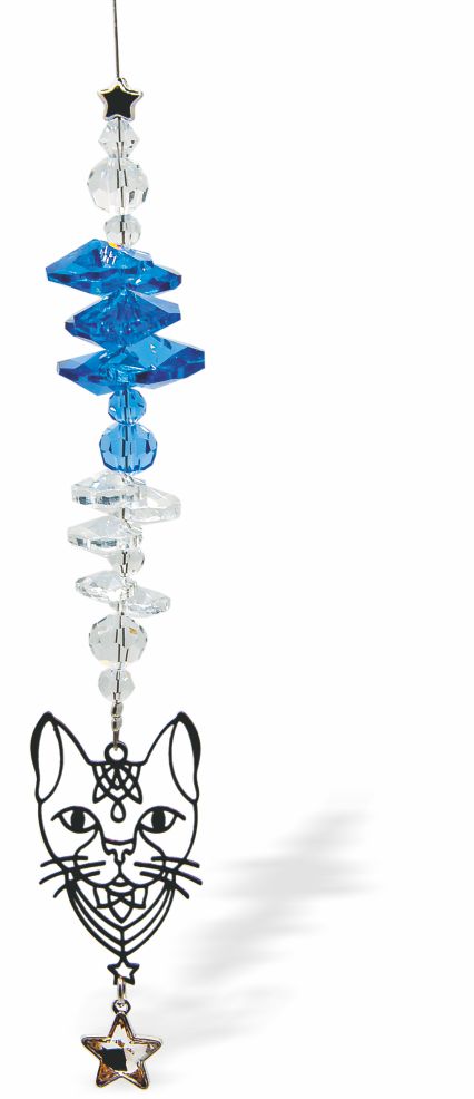 Austrian Crystal Suncatcher, Multi -faceted
Cat Image Link and Star Drop
Blue and clear crystals
Delivered in a soft, black, velveteen pouch
