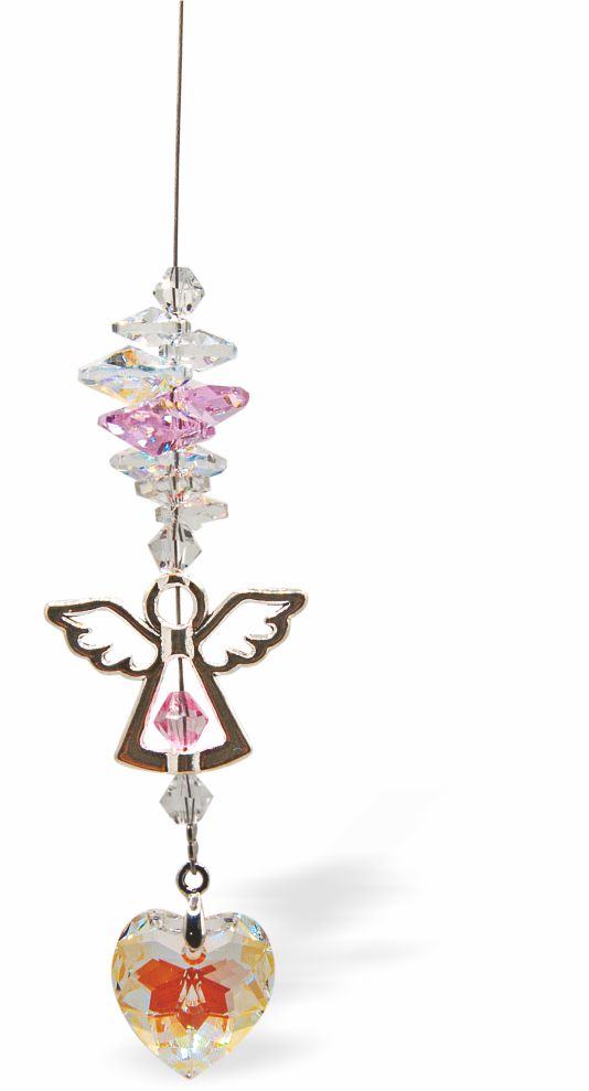Suncatcher, Multi -faceted  Austrian Crystal with Guardian Angel with Clear Crystal Heart Drop