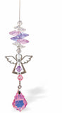Suncatcher, Multi -faceted  Austrian Crystal with Angel with Rose Pink Baroque Drop