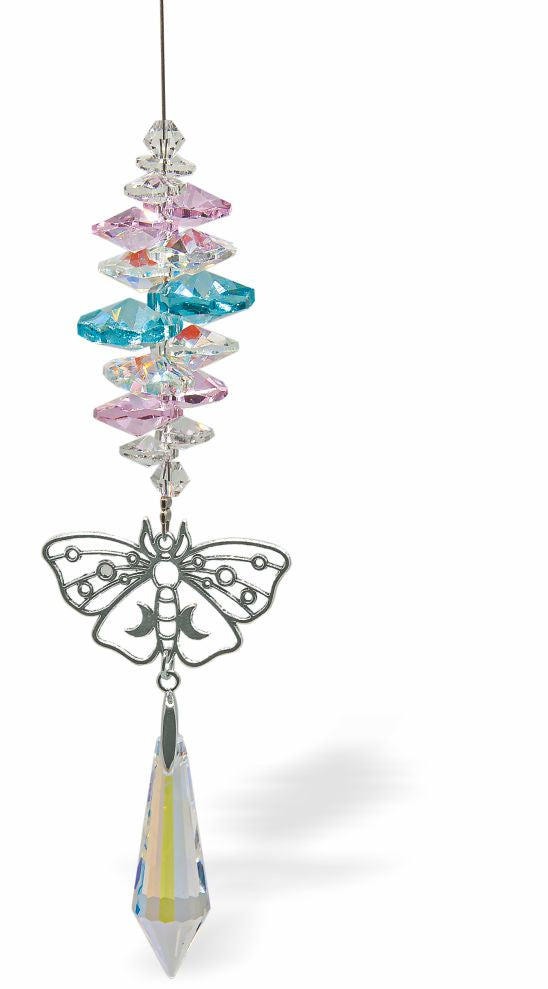 Austrian Crystal Suncatcher, Multi -faceted
Ornate butterfly link and long crystal drop
Blue, pink and clear crystals
Delivered in a soft, black, velveteen pouch