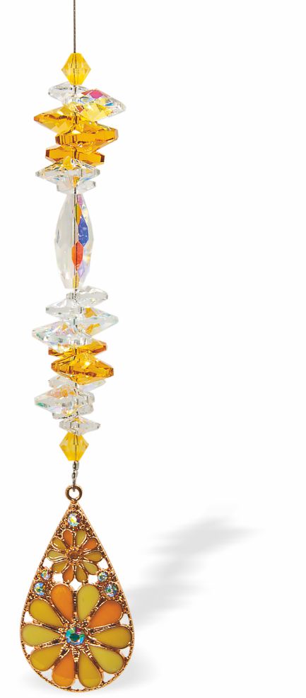 Austrian Crystal Suncatcher, Multi -faceted
Colourful, Psychedelic, Floral Teardrop
Orange, yellow and clear crystals and multicoloured drop
Delivered in a soft, black, velveteen pouch