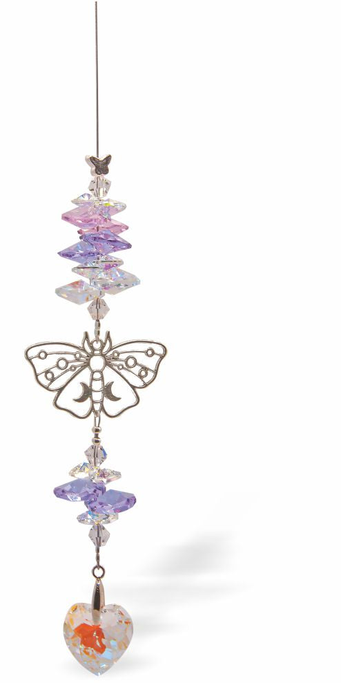 Austrian Crystal Suncatcher, Multi -faceted
Butterfly Link and Aurora Borealis Heart Drop
Lilac, pink and clear crystals
Delivered in a soft, black, velveteen pouch