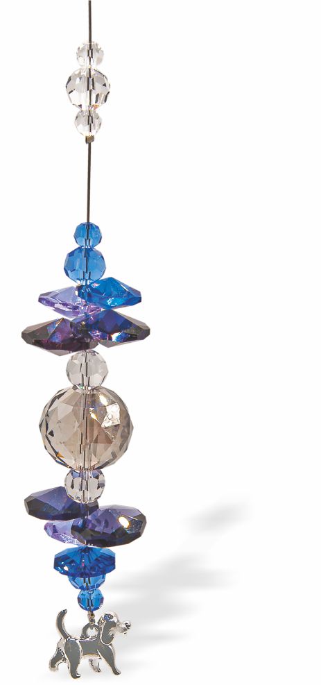 Austrian Crystal Suncatcher, Multi -faceted
Dog Drop feature and large Sphere Link
Purple, blue and clear crystals
Delivered in a soft, black, velveteen pouch