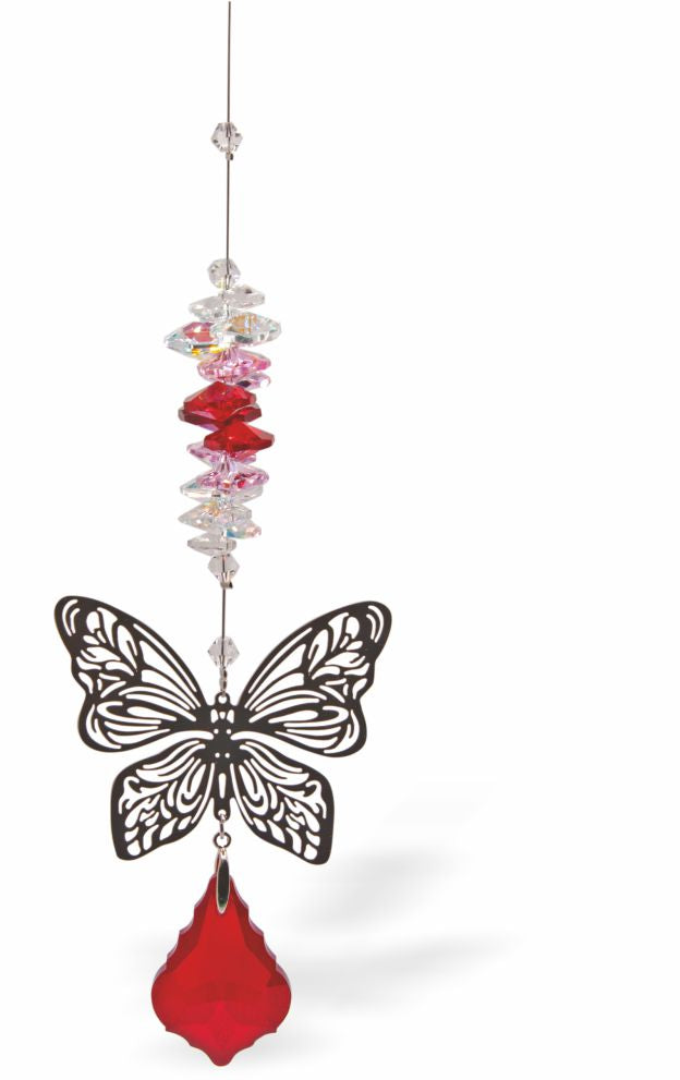 Austrian Crystal Suncatcher, Multi -faceted
Ornate Butterfly Link and Red Baroque drop
Red and clear crystals
Delivered in a soft, black, velveteen pouch