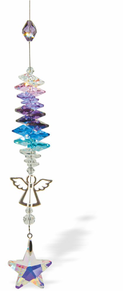 Austrian Crystal Suncatcher, Multi -faceted
Angel Link and Star Drop
Blue, purple, pink and clear crystals
Delivered in a soft, black, velveteen pouch