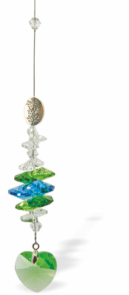 Austrian Crystal Suncatcher, Multi -faceted
Peridot Green Heart
Green, blue and clear crystals
Delivered in a soft, black, velveteen pouch