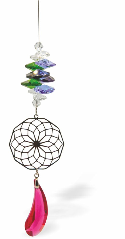Austrian Crystal Suncatcher, Multi -faceted
Red Droplet and Geometric Circle Link
Red, purple, green and clear crystals
Delivered in a soft, black, velveteen pouch