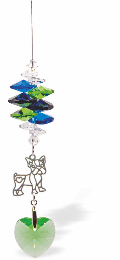 Austrian Crystal Suncatcher, Mult -faceted
Peridot Green Heart and Dog Link
Blues and green colours
Delivered in a soft, black, velveteen pouch