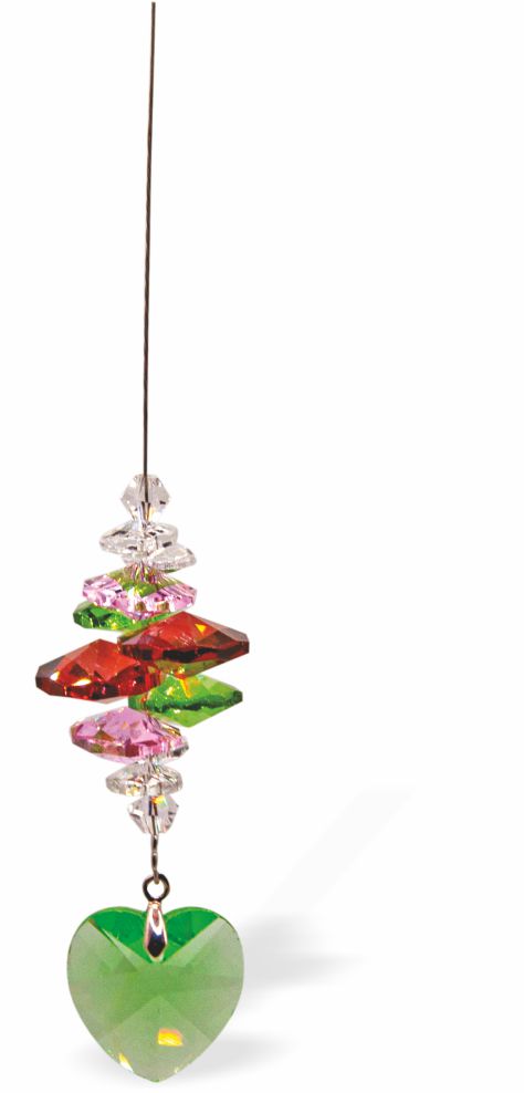 Austrian Crystal Suncatcher, Multi -faceted
Peridot Green Heart
Clear, Pink, Red and Green Crystals
Delivered in a soft, black, velveteen pouch