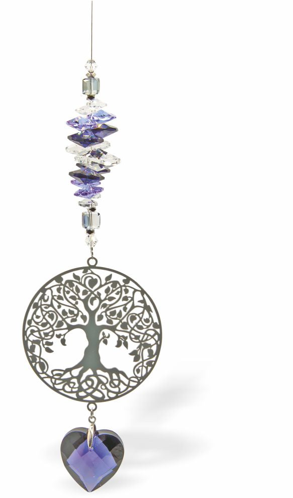 Austrian Crystal Suncatcher, Multi -faceted
Large Tree of Life and Purple Crystal Heart Drop
Purple and Clear crystals
Delivered in a soft, black, velveteen pouch