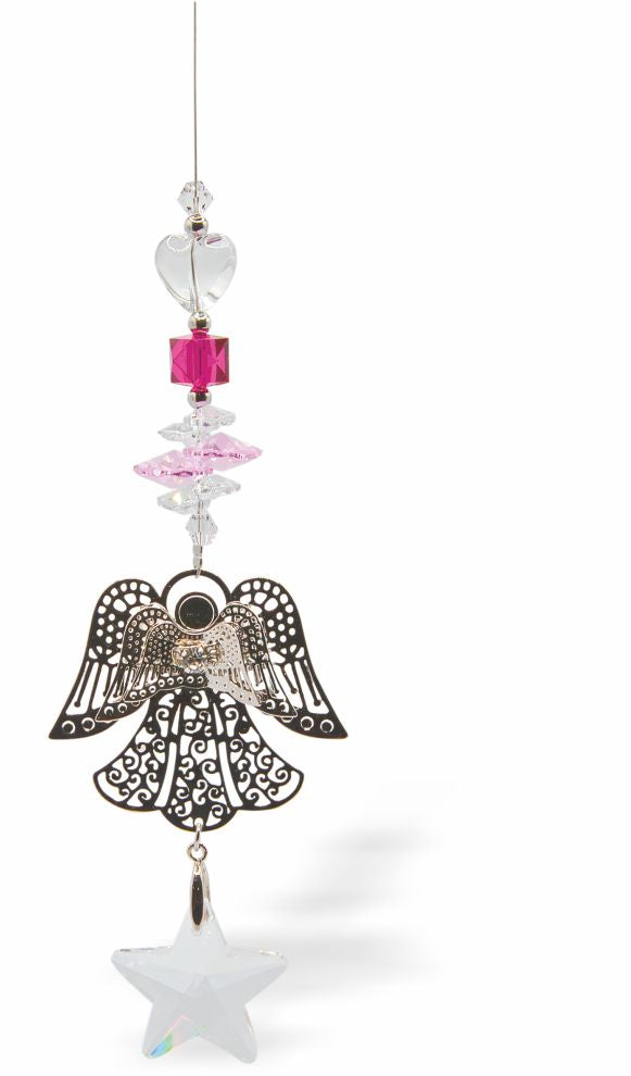 Austrian Crystal Suncatcher, Multi -faceted
Large Angel with Fluttering Wings and Clear Crystal Star Drop
Pink and Clear crystals
Delivered in a soft, black, velveteen pouch