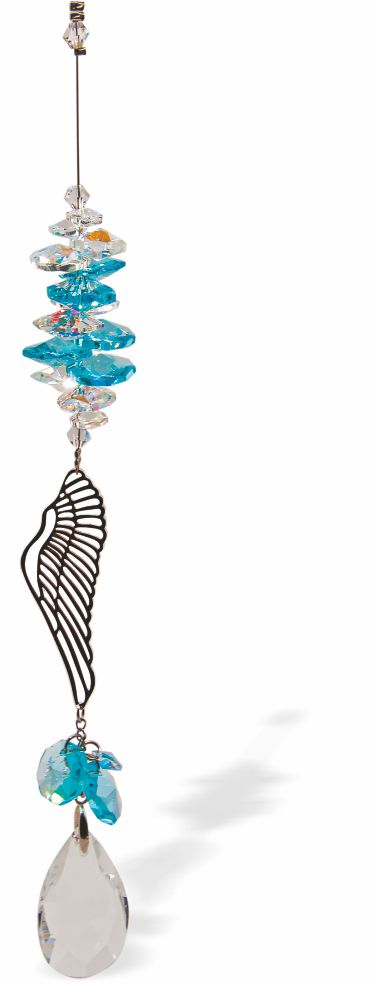 Austrian Crystal Suncatcher, Multi -faceted
Clear Teardrop and Angel Wing Link
Blue and Clear crystals
Delivered in a soft, black, velveteen pouch