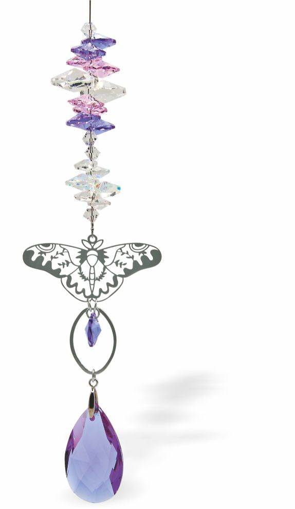 Austrian Crystal Suncatcher, Multi -faceted
&nbsp;Ornate Butterfly Link and Purple Teardrop
Pink, Purple and Clear Crystal
Delivered in a soft, black, velveteen pouch