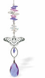 Austrian Crystal Suncatcher, Multi -faceted
&nbsp;Ornate Butterfly Link and Purple Teardrop
Pink, Purple and Clear Crystal
Delivered in a soft, black, velveteen pouch