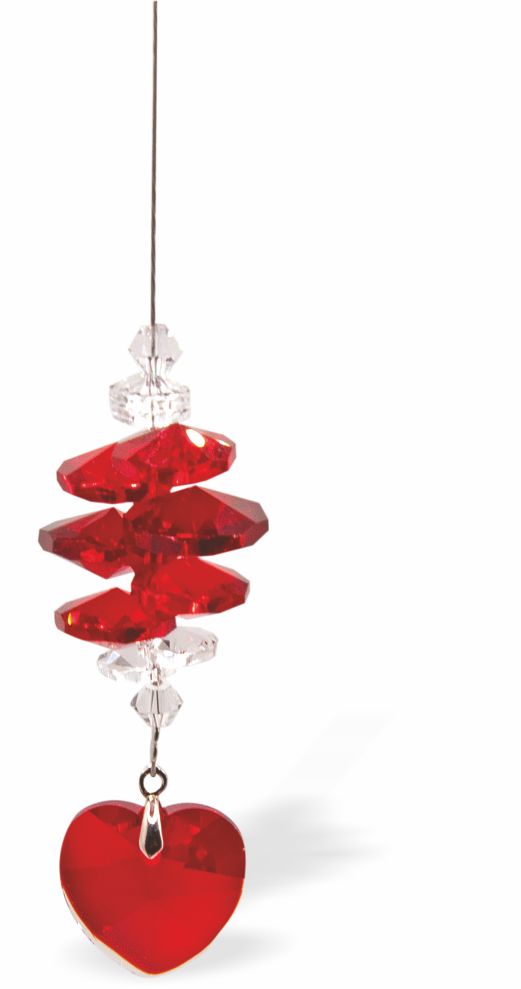 Austrian Crystal Suncatcher, Multi -faceted
Red Crystal Heart Drop with mixed Red Crystals
Red and clear colours
Delivered in a soft, black, velveteen pouch