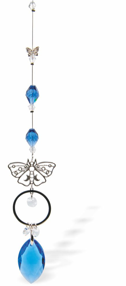Austrian Crystal Suncatcher, Multi -faceted
Blue Crystal Drop and Delicate Butterfly Link
Blue in Colour
Delivered in a soft, black, velveteen pouch