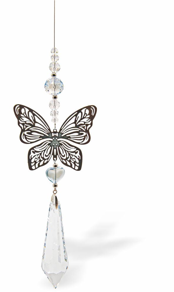 Austrian Crystal Suncatcher, Multi -faceted
Ornate Butterfly link and Long Drop Crystal
Clear Crystal in colour
Delivered in a soft, black, velveteen pouch