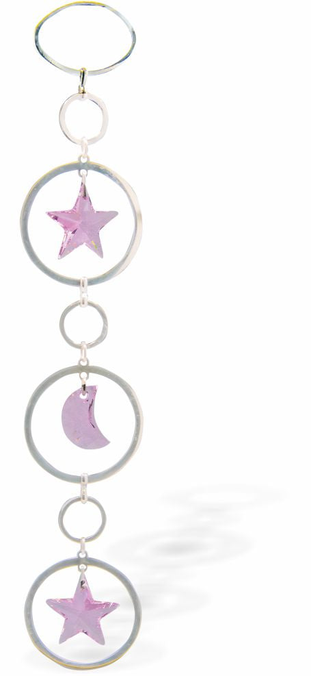 Austrian Crystal Suncatcher, Multi -faceted
Rose Pink Moon and Stars, Framed
Pink in colour

Delivered in a soft, black, velveteen pouch