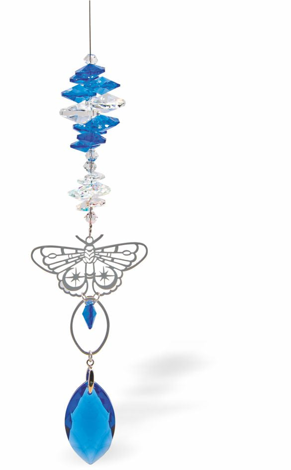 Austrian crystal multi-faceted Suncatcher
&nbsp;Blue crystal drop and butterfly link
Blue and clear crystal in colour

Delivered in a soft, black, velveteen pouch