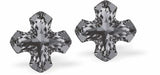Sparkly Austrian Crystal Gothic Square Cross Stud Earrings by Byzantium in Silver Night Grey, with Sterling Silver Earwires
