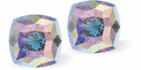 Sparkly Austrian Crystal Mystic Multi-Faceted Square Stud Earrings by Byzantium in Ever Changing Aurora Borealis, with Sterling Silver Earwires