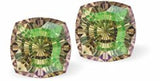 Sparkly Austrian Crystal Mystic Multi-Faceted Square Stud Earrings by Byzantium in Bright Luminous Two Tone Green, with Sterling Silver Earwires