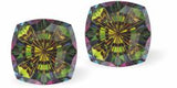 Sparkly Austrian Crystal Mystic Multi-Faceted Square Stud Earrings by Byzantium in Exotic, Romantic Vitrail Medium (Greeny/Purple) with Sterling Silver Earwires