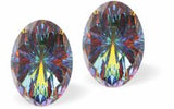 Sparkly Austrian Crystal Mystic Multi-Faceted Oval Stud Earrings by Byzantium in Exotic Greeny/Purply Vitrail Medium with Sterling Silver Earwires