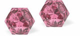 Sparkly Austrian Crystal Multi-Faceted Kaleidoscope Hexagon Stud Earrings by Byzantium in Warm Rose Pink, with Sterling Silver Earwires