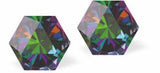 Sparkly Austrian Crystal Multi-Faceted Kaleidoscope Hexagon Stud Earrings by Byzantium in Romantic Vitrail Medium (Greeny/Purply), with Sterling Silver Earwires