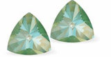 Sparkly Austrian Crystal Multi-Faceted Kaleidoscope Triangular Stud Earrings by Byzantium in Warm Silky Sage Green DeLite, with Sterling Silver Earwires