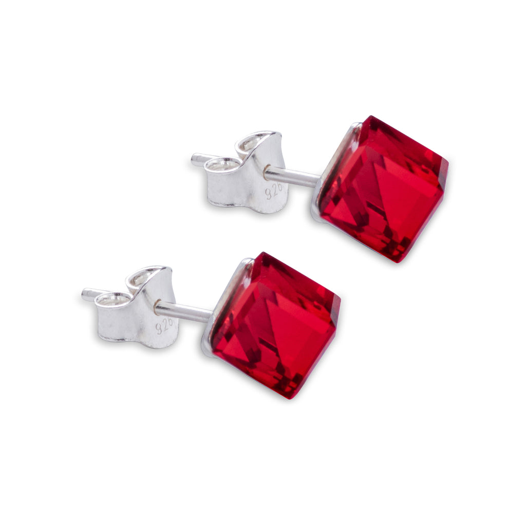 Sparkly Austrian Crystal Oblique Cube Stud Earrings by Byzantium, 4mm and 6mm in size in Rich Light Siam Red with Sterling Silver Earwires