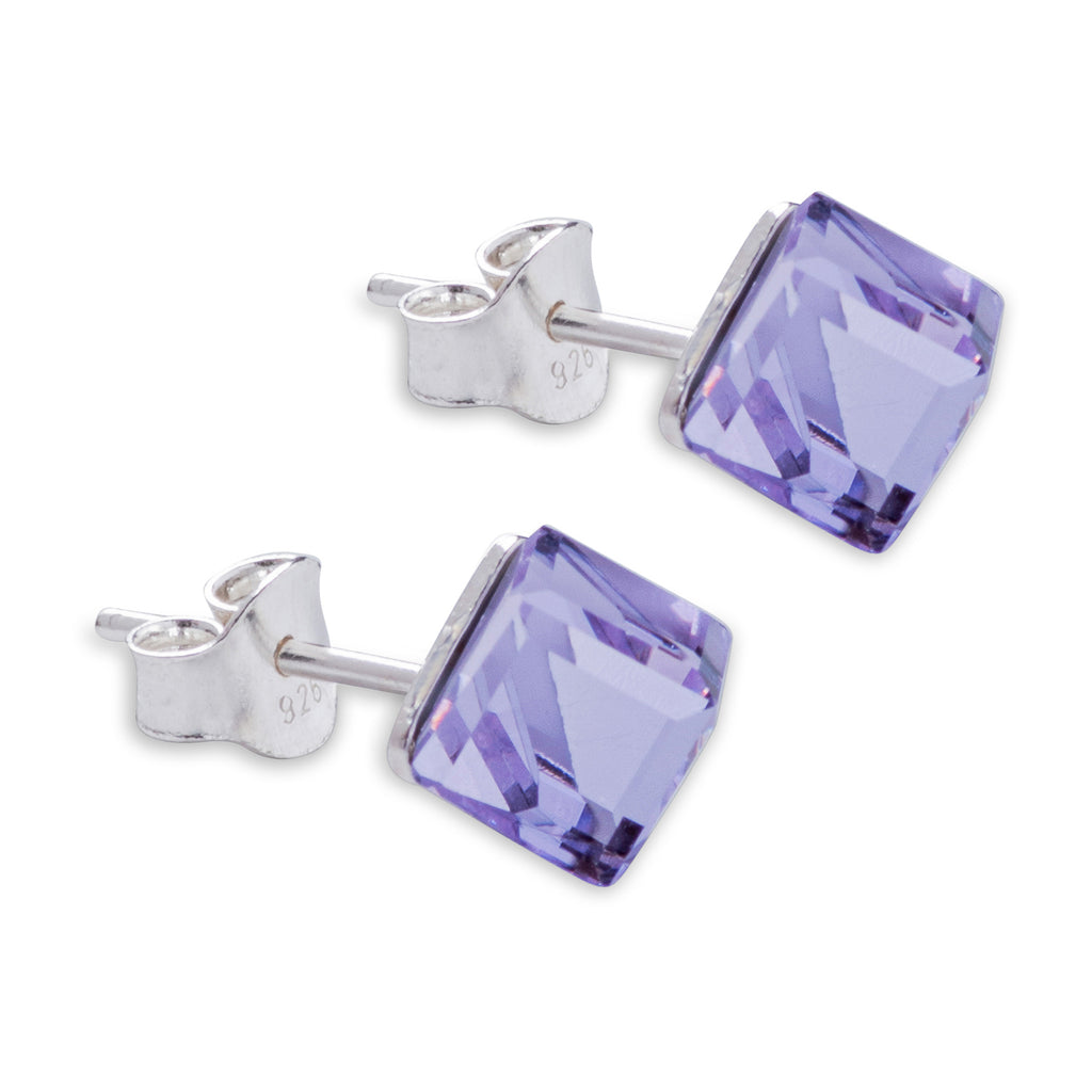 Austrian Crystal Oblique Cube Stud Earrings, 4mm and 6mm in size in Violet Purple with Sterling Silver Earwires
