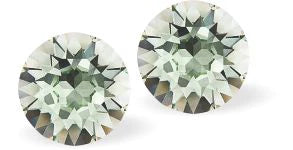 Sparkly Austrian Crystal Diamond-shape, Elegant Stud Earrings Round, Multi Faceted Crystal 8mm in size Colour: Chrysolite Light Green Sterling Silver Earwires Delivered in a soft, black, velveteen pouch