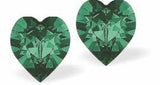 Austrian Crystal Heart Stud Earrings in Emerald Green, Available in Two Sizes with Sterling Silver Earwires